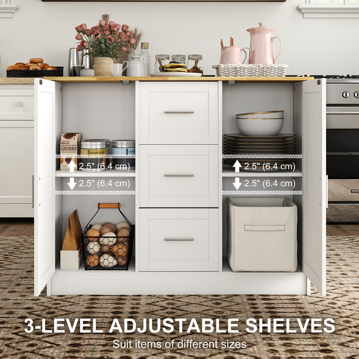 Kitchen island with storage and seating space