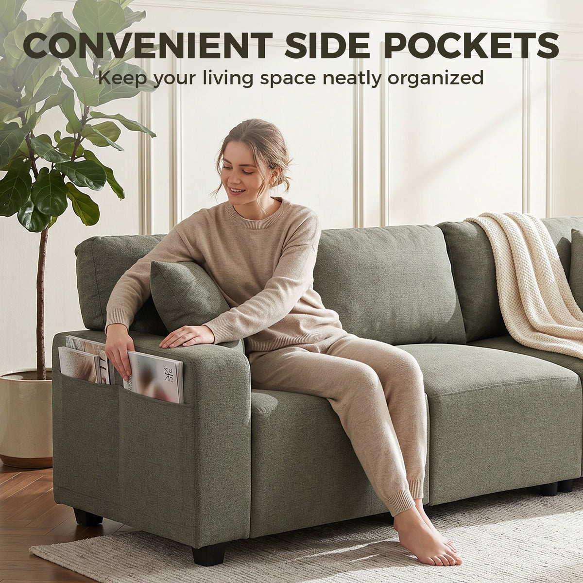3-Seater Sofa with Side Pockets and Pocket Springs
