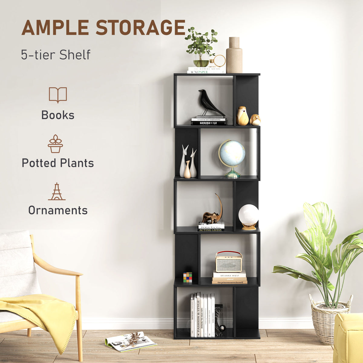 5-Tier S-Shaped Geometric Bookshelf