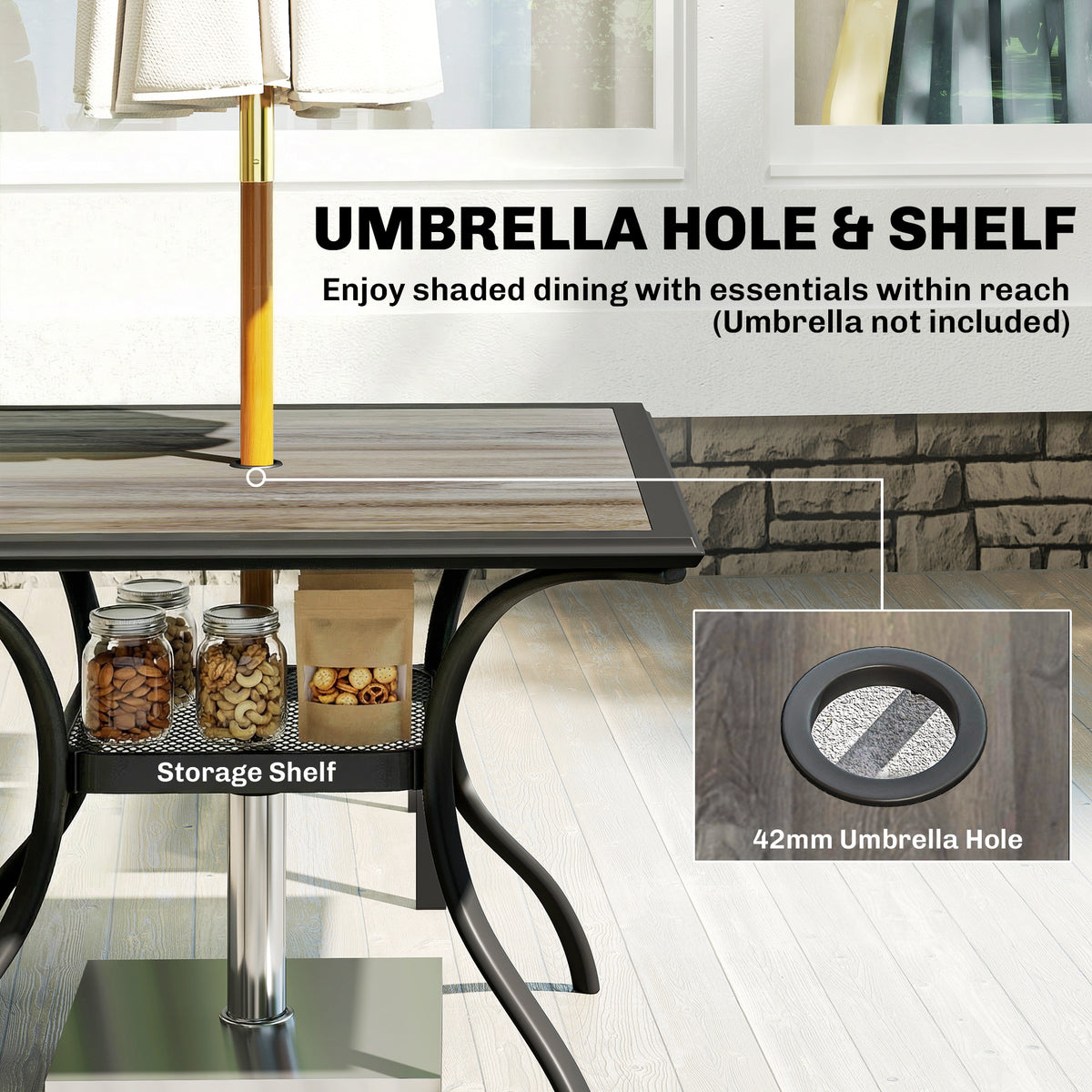5-Piece Outdoor Dining Set with Shelf and Umbrella Hole
