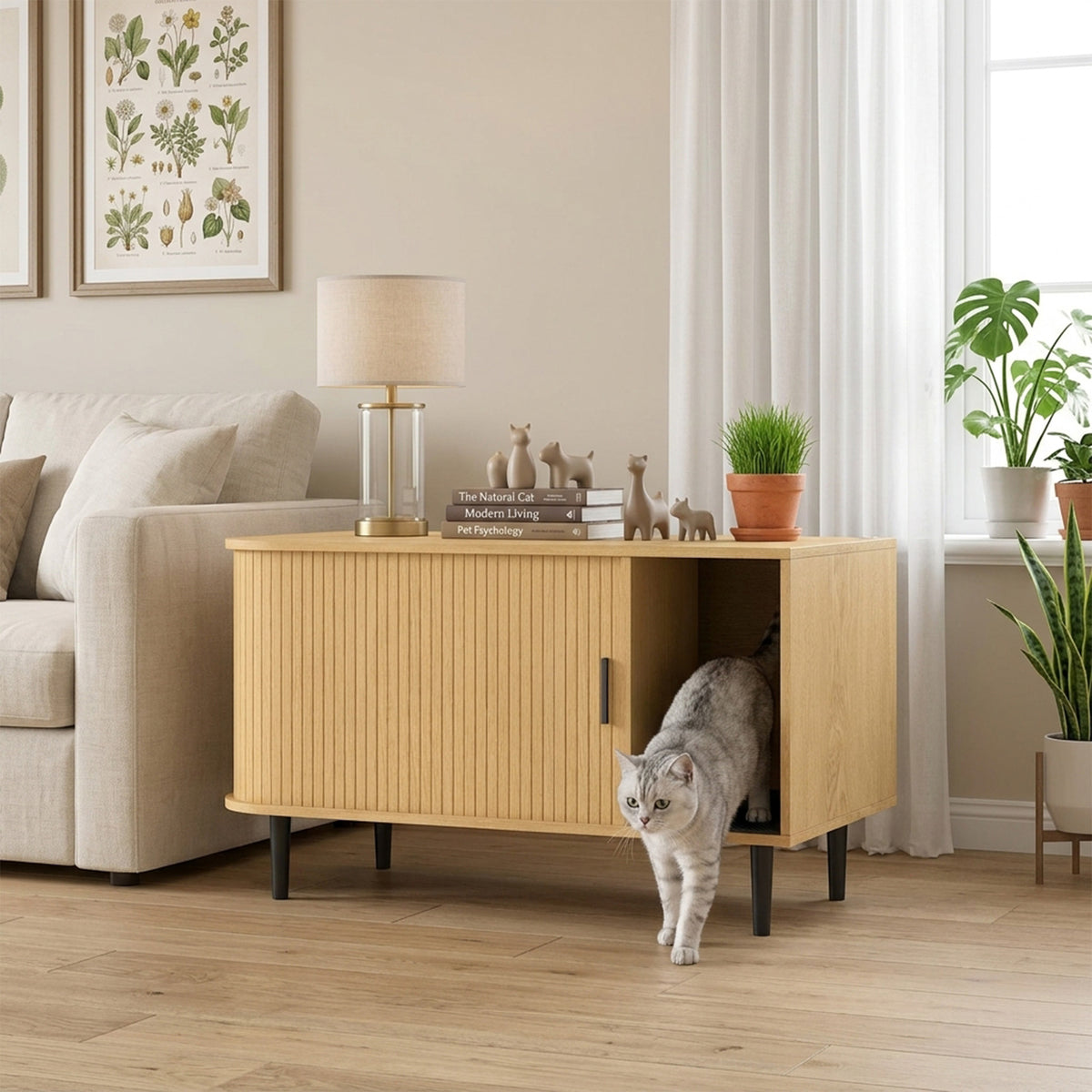 Modern Sliding Cat Litter Box Enclosure End Table
