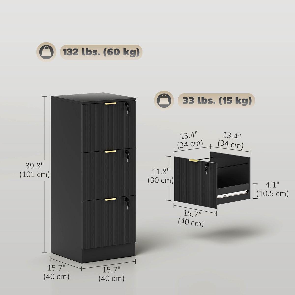 Lockable 3-Drawer Fluted Filing Cabinet for A4 Letter Files