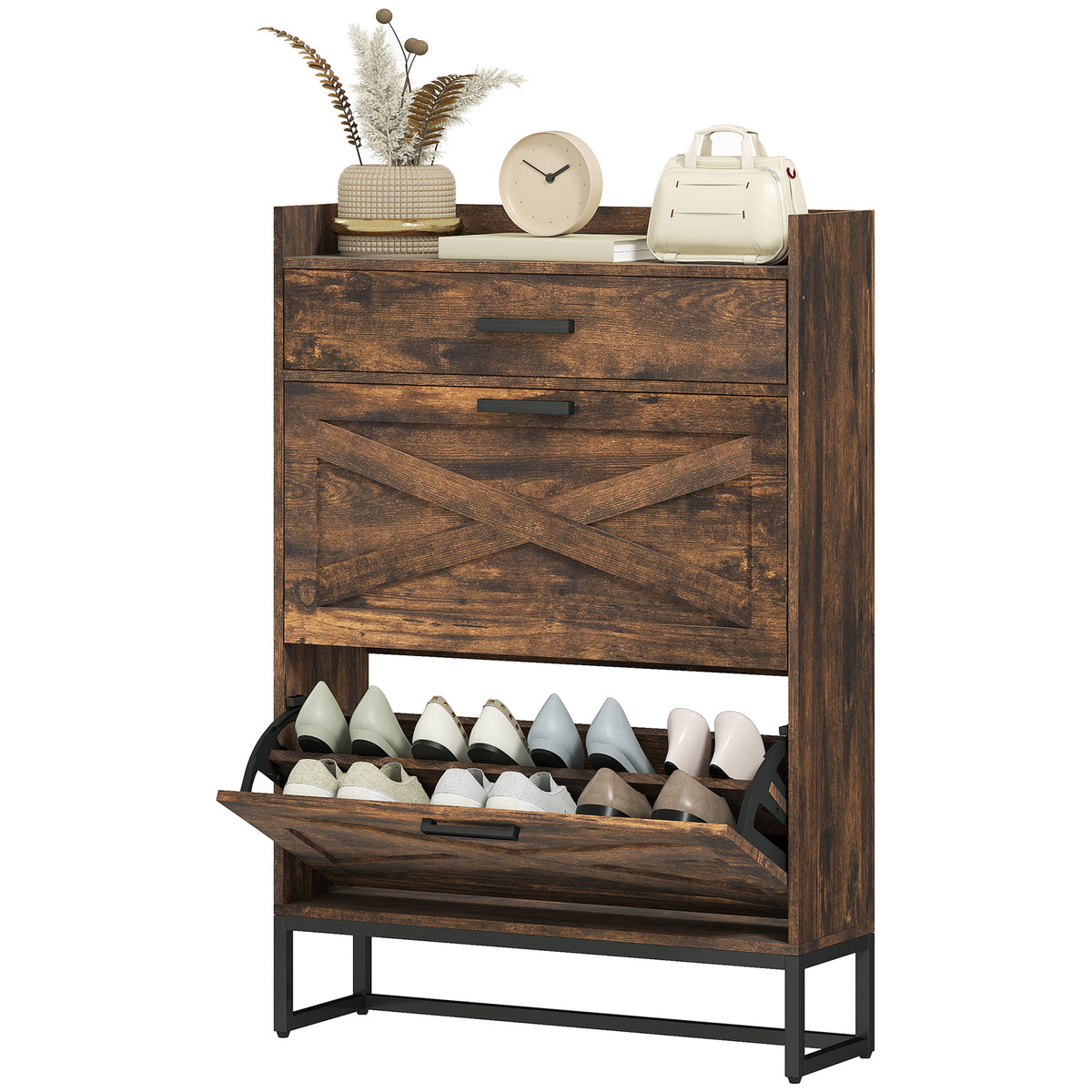 Slim shoe storage cabinet with 2 flip drawers