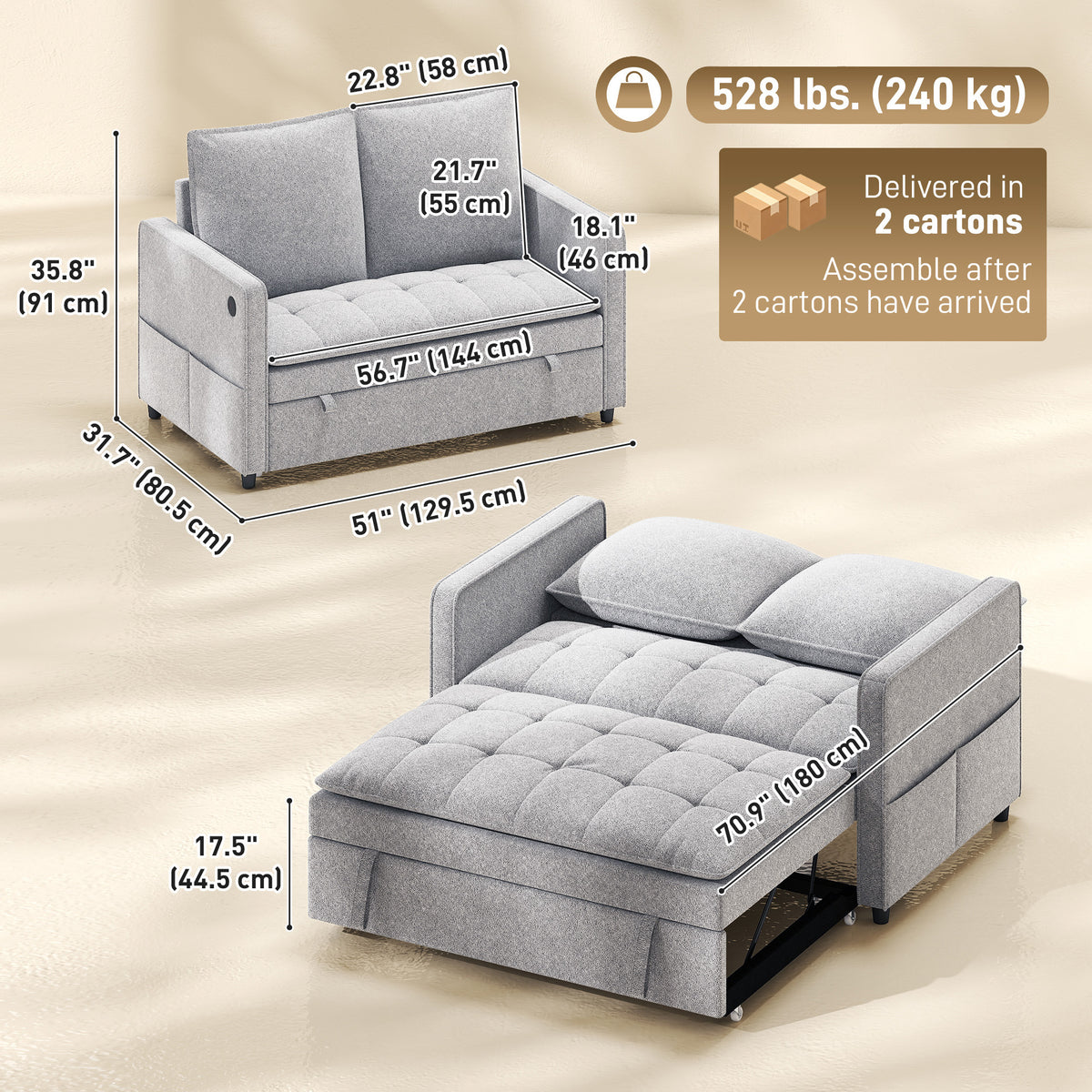 Velvet Convertible Sofa Bed with USB Ports
