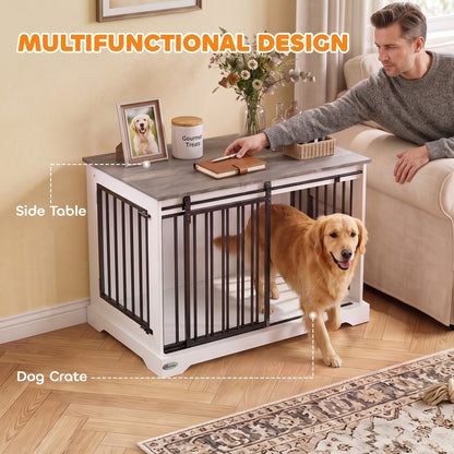 Dog crate furniture with sliding barn door