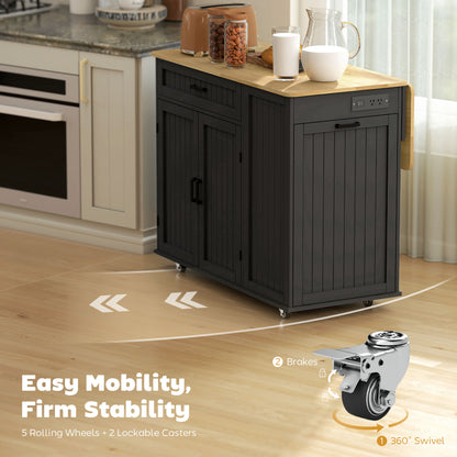 Portable kitchen island cart with charging station and drop leaf