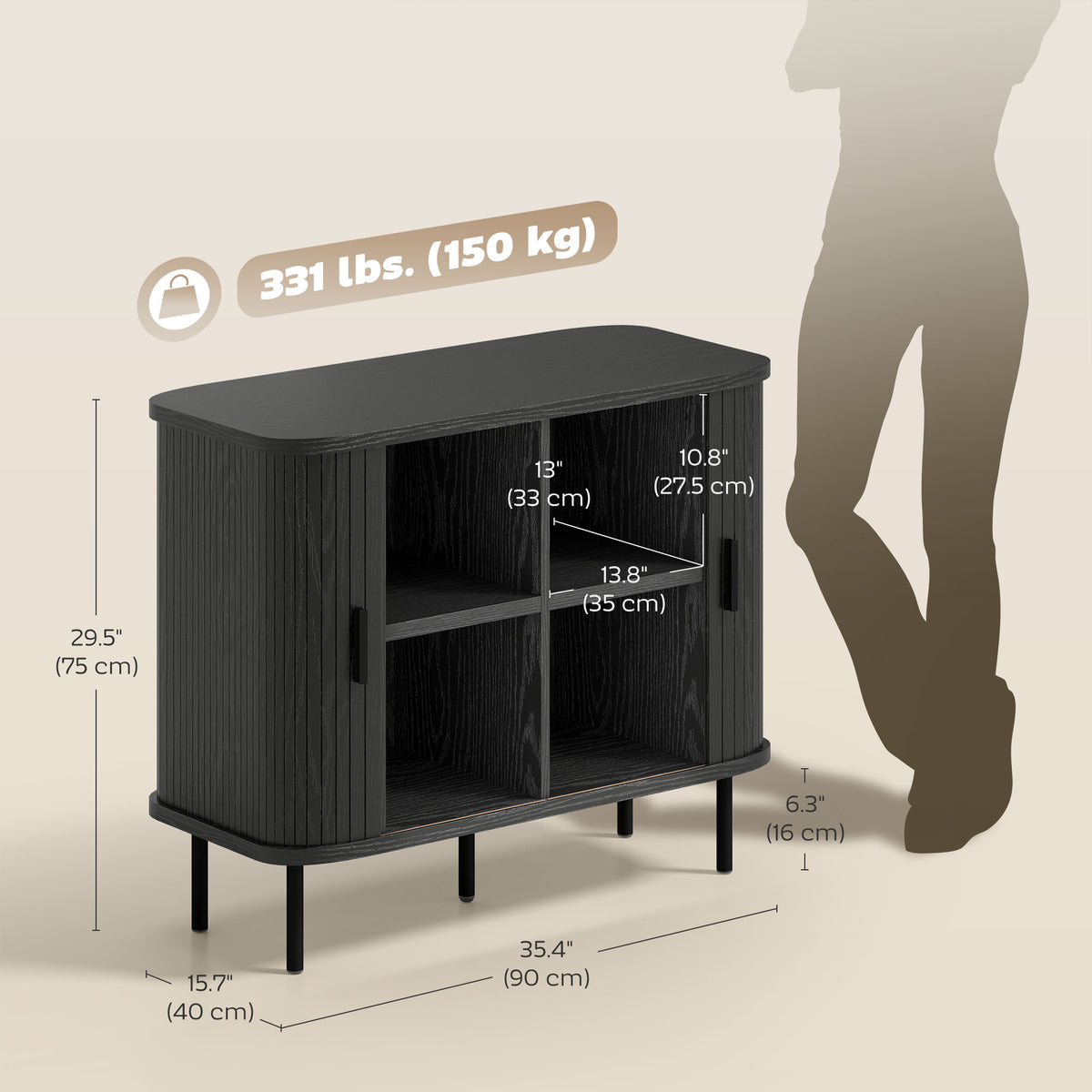 Nordic Sideboard Cabinet Slatted Tambour Doors Metal Legs