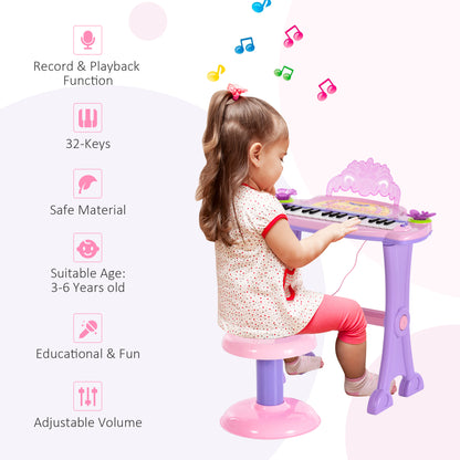 Piano electrónico para niños con diseño de mariposa y taburete