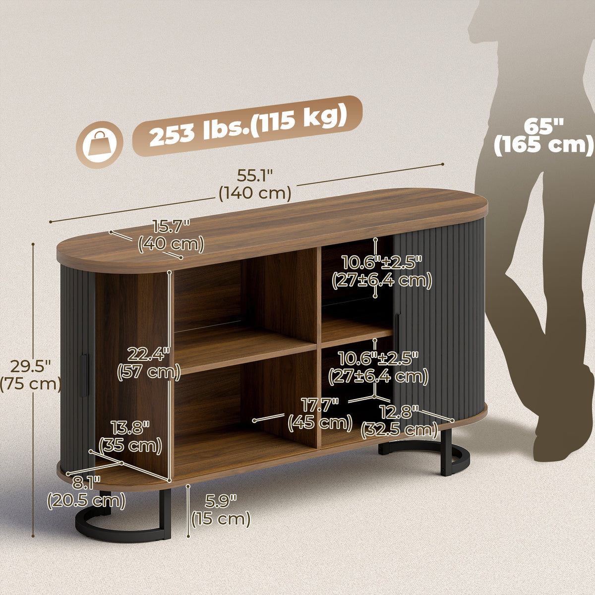 Fluted Sliding Door Sideboard Cabinet 55 in