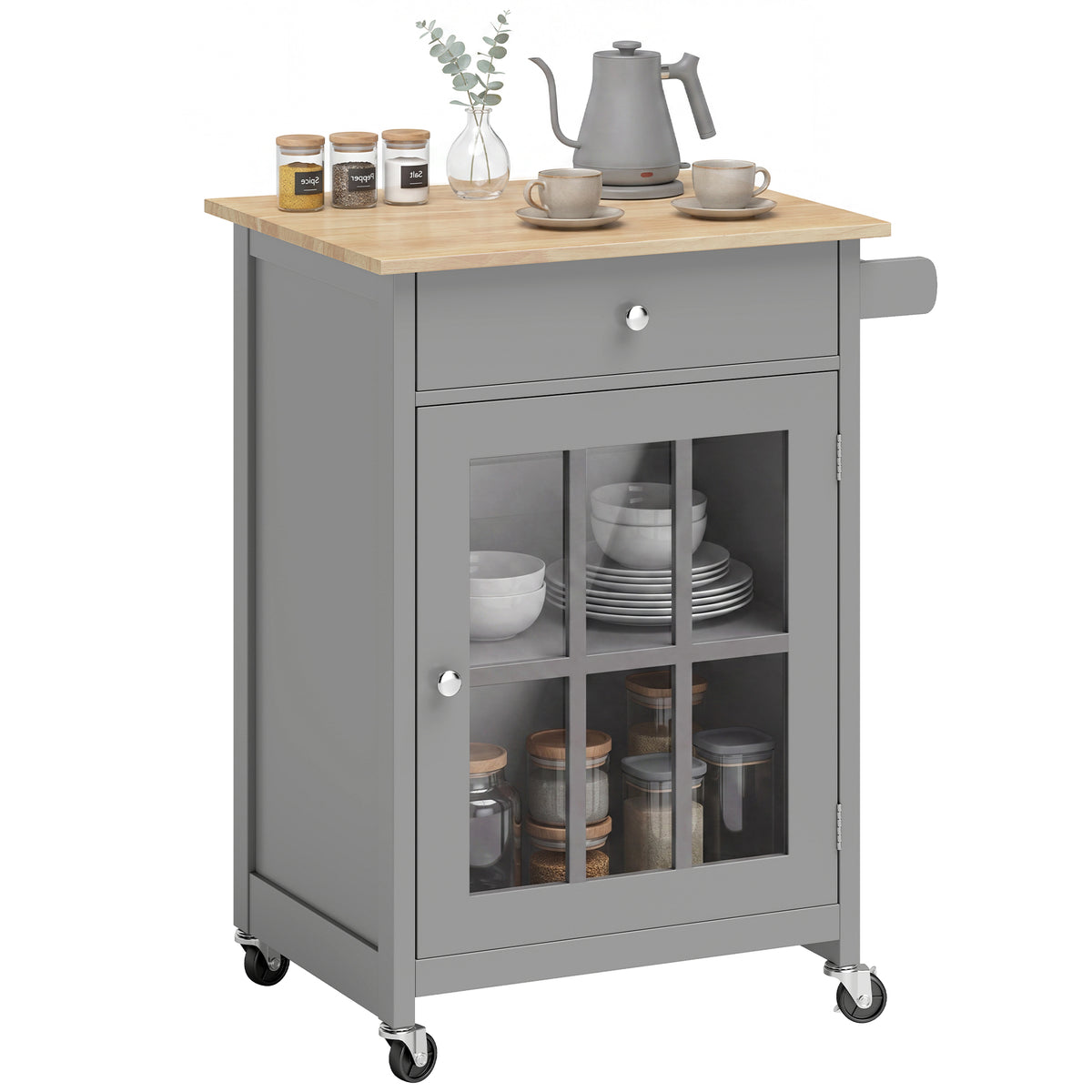 Rolling kitchen cart with drawer and cabinet