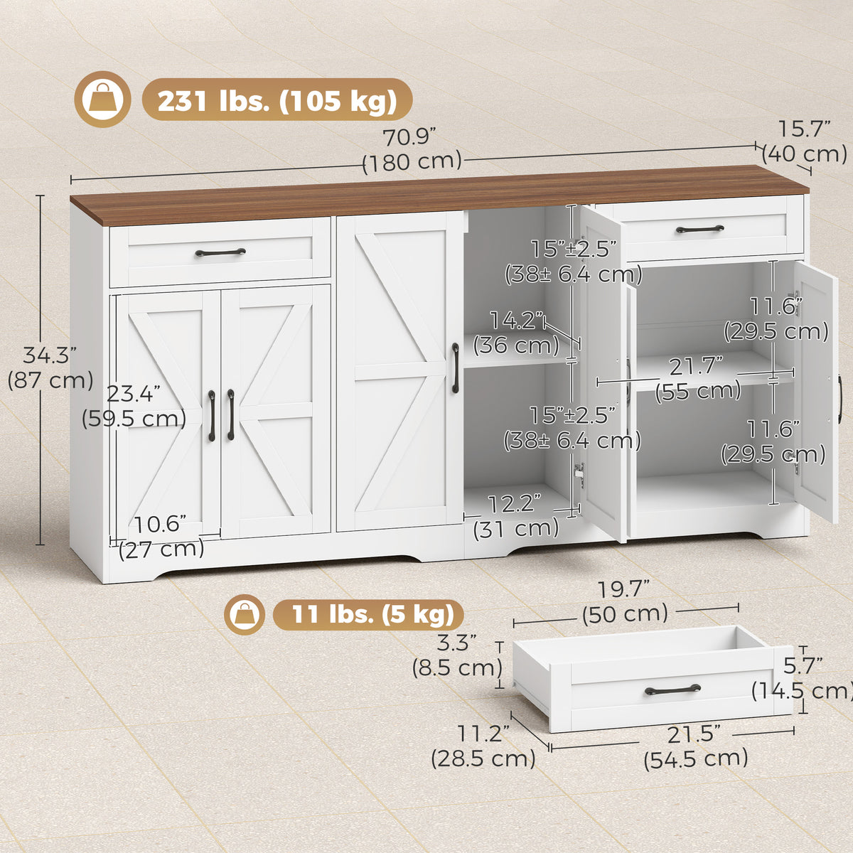 Aparador de comedor estilo rústico 180 cm