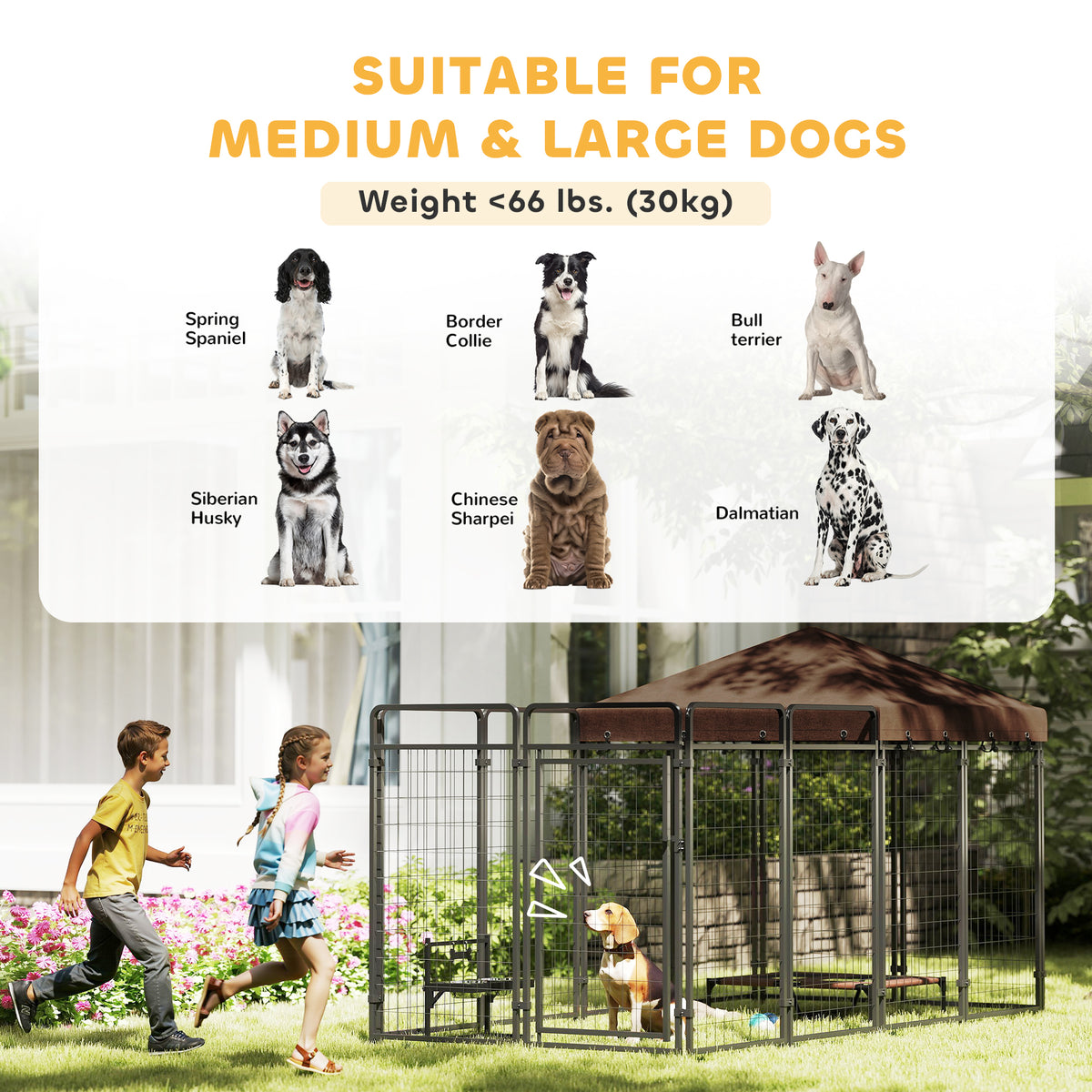 Outdoor dog kennel with waterproof canopy in steel
