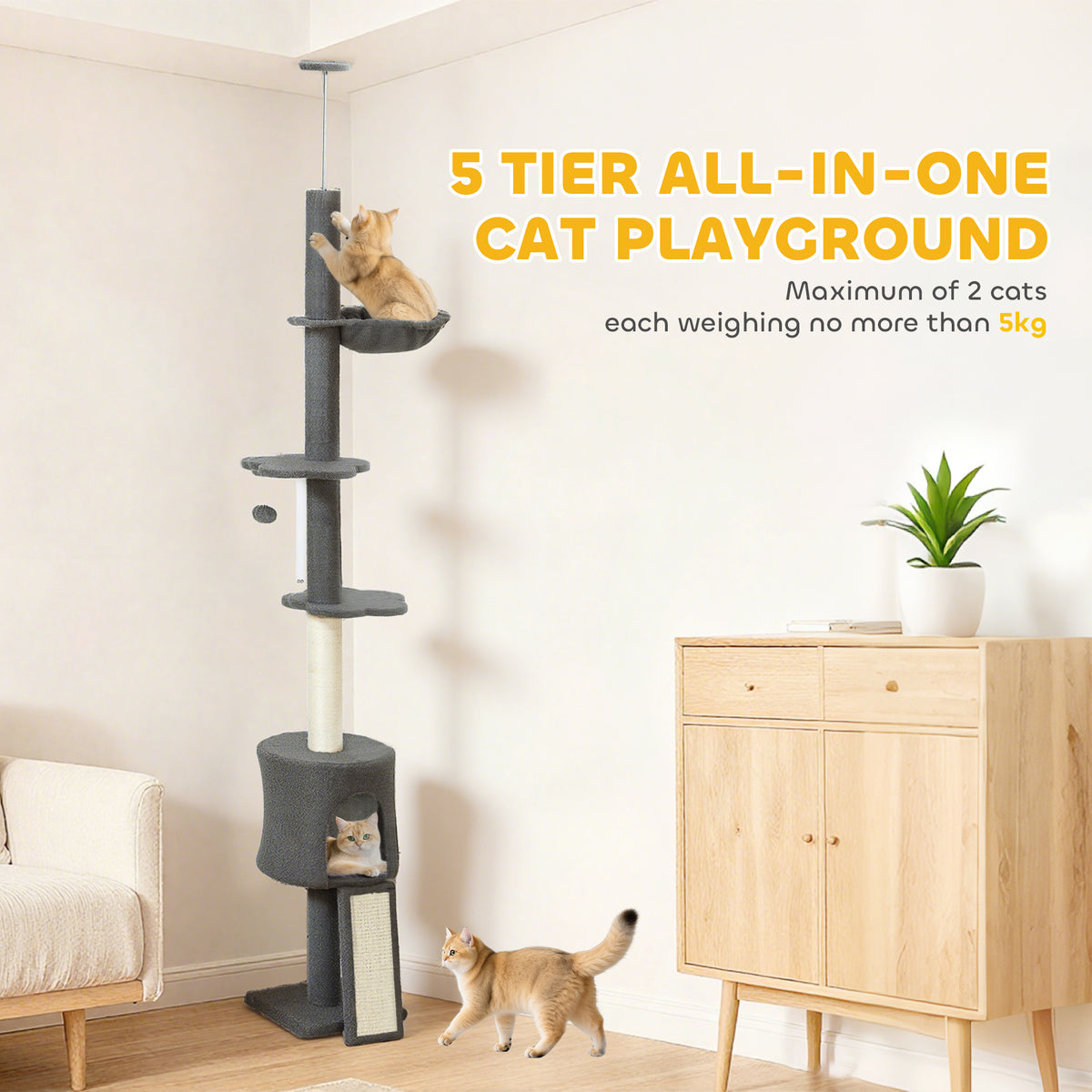 Árbol para gatos de altura regulable con rascadores y hamaca