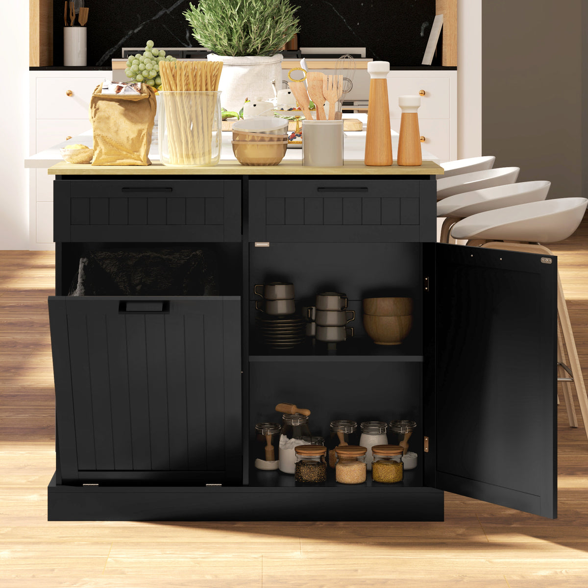 Tilt-out hidden trash can cabinet with drawers