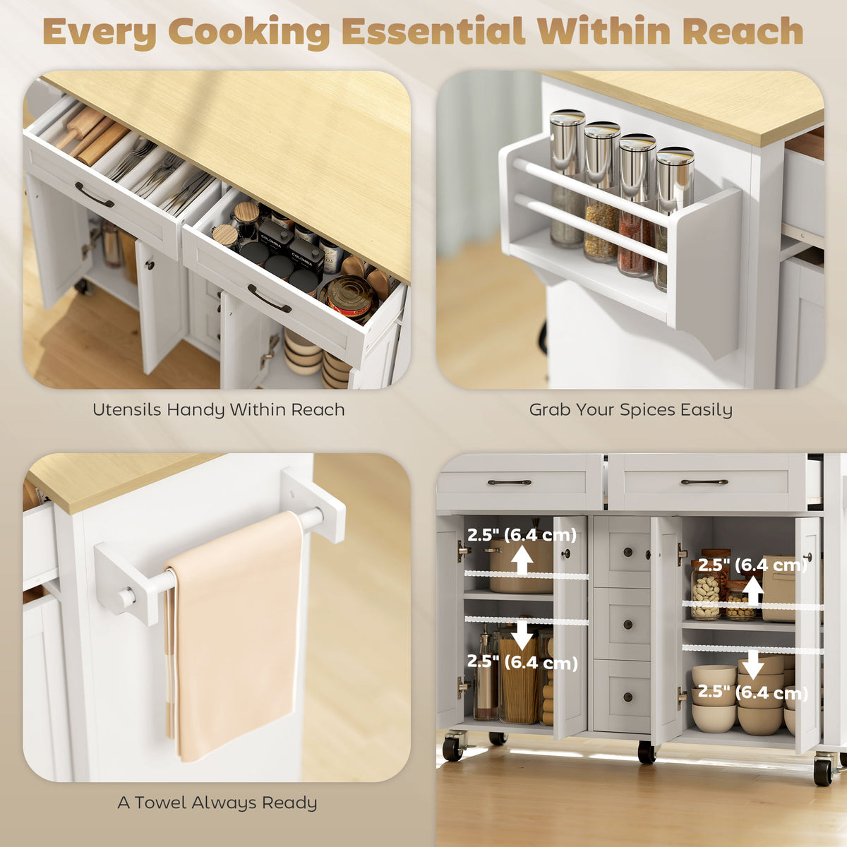 Kitchen Island Cart on Wheels with Outlets & Drop Leaf