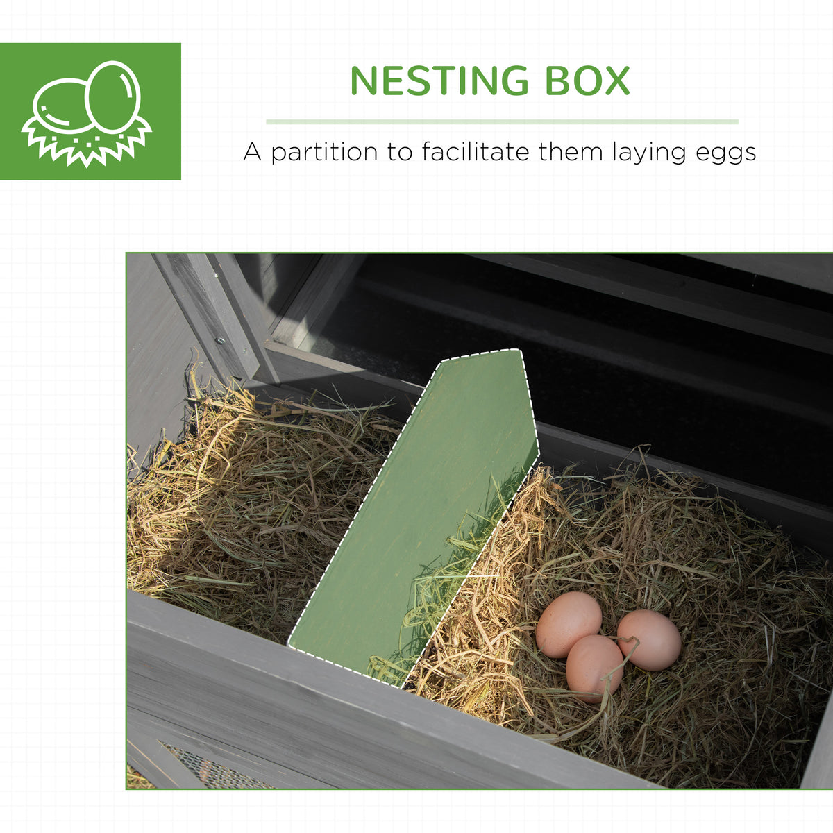 Wooden outdoor chicken coop with run and nesting box