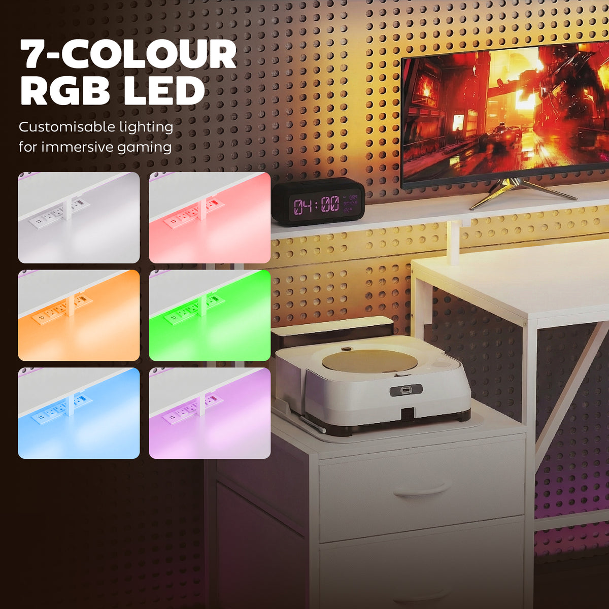 Escritorio gaming en L con RGB y centro de carga
