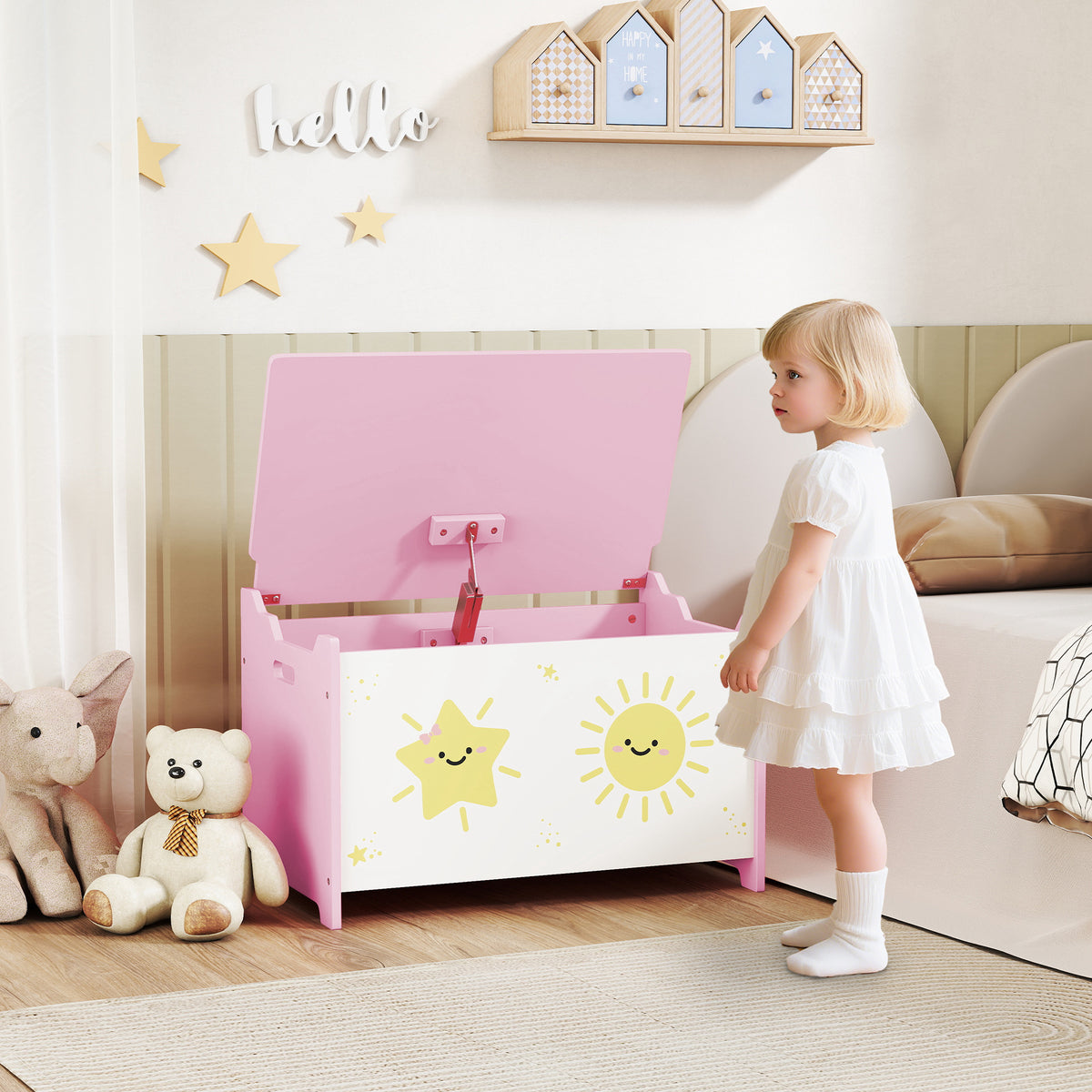 Toy storage chest with safety hinge lid