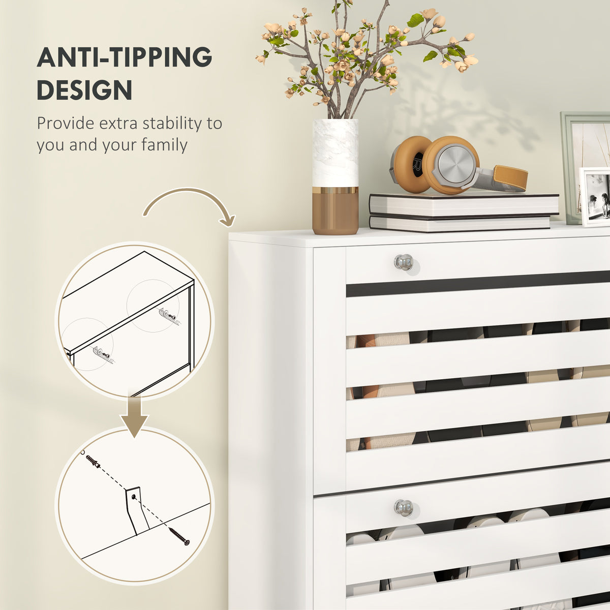 Narrow shoe storage cabinet 3 flip drawers
