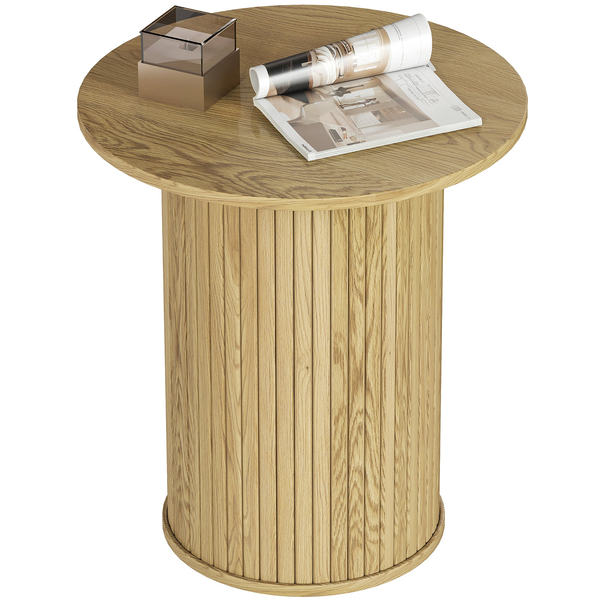 Round Fluted Accent Side Table Oak