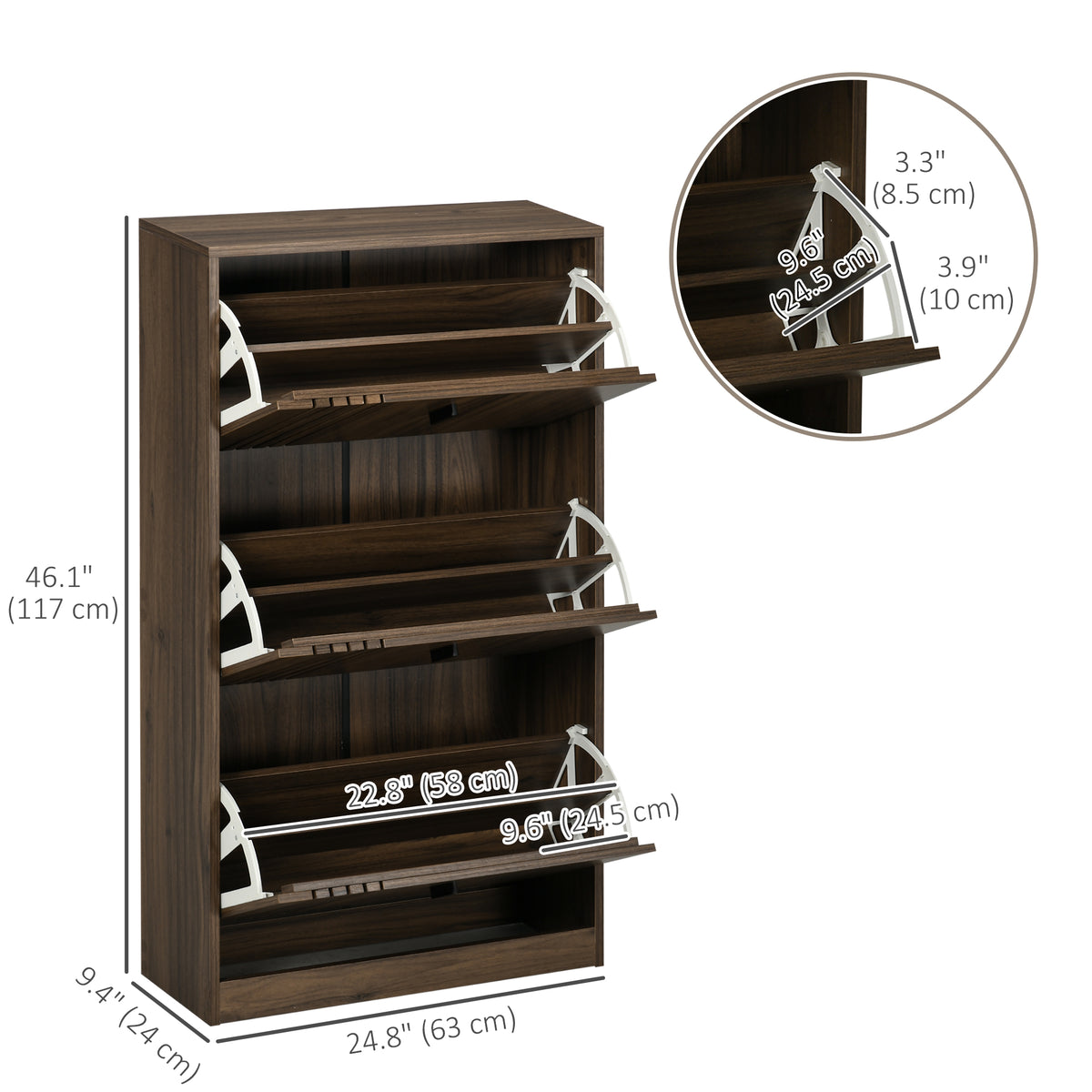 Narrow shoe storage cabinet with 3 flip drawers