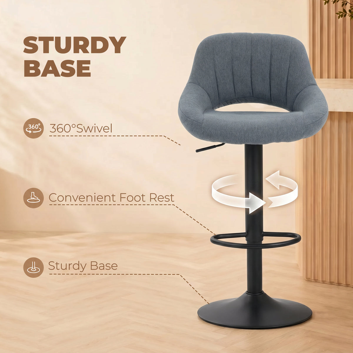Swivel Adjustable Bar Stools Linen Upholstered — Set of 2
