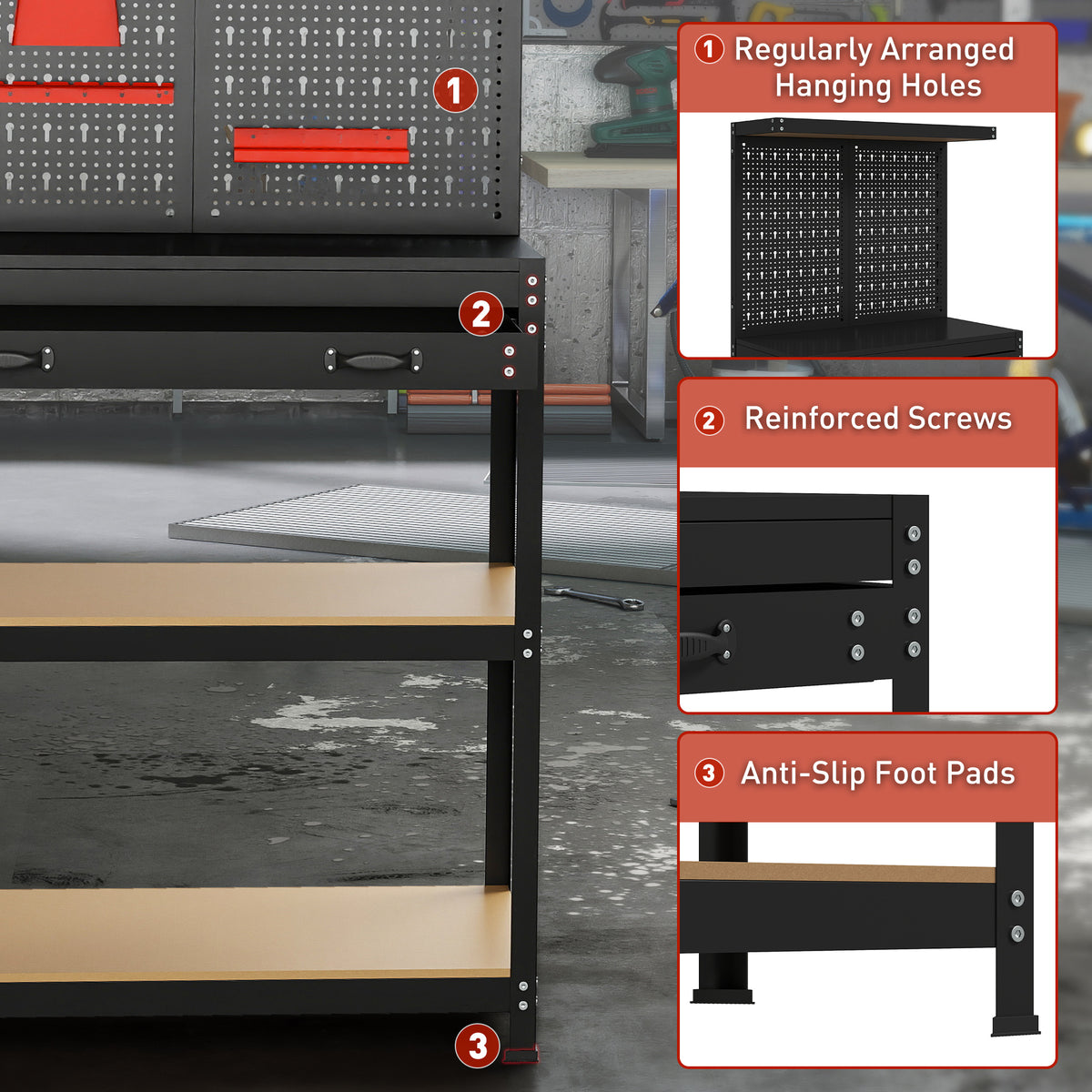 Heavy-duty steel workbench with pegboard and drawer