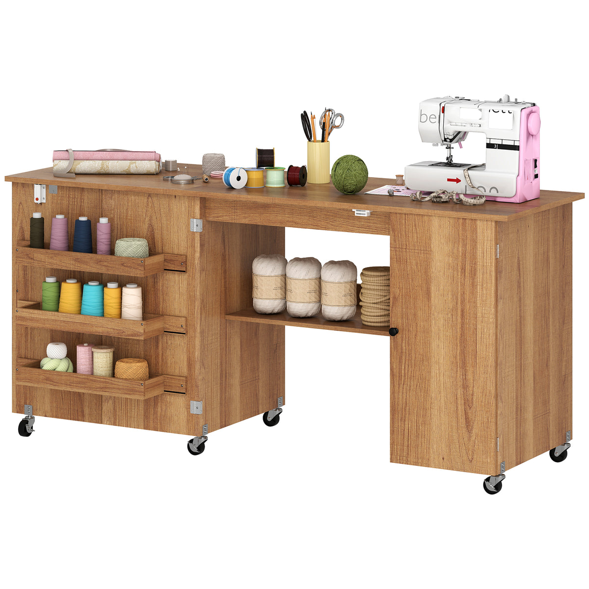 Folding Sewing Table with Storage — Wood