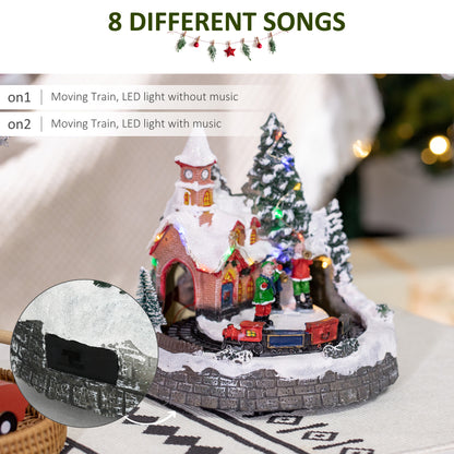 Decoración de pueblo navideño con tren giratorio y música