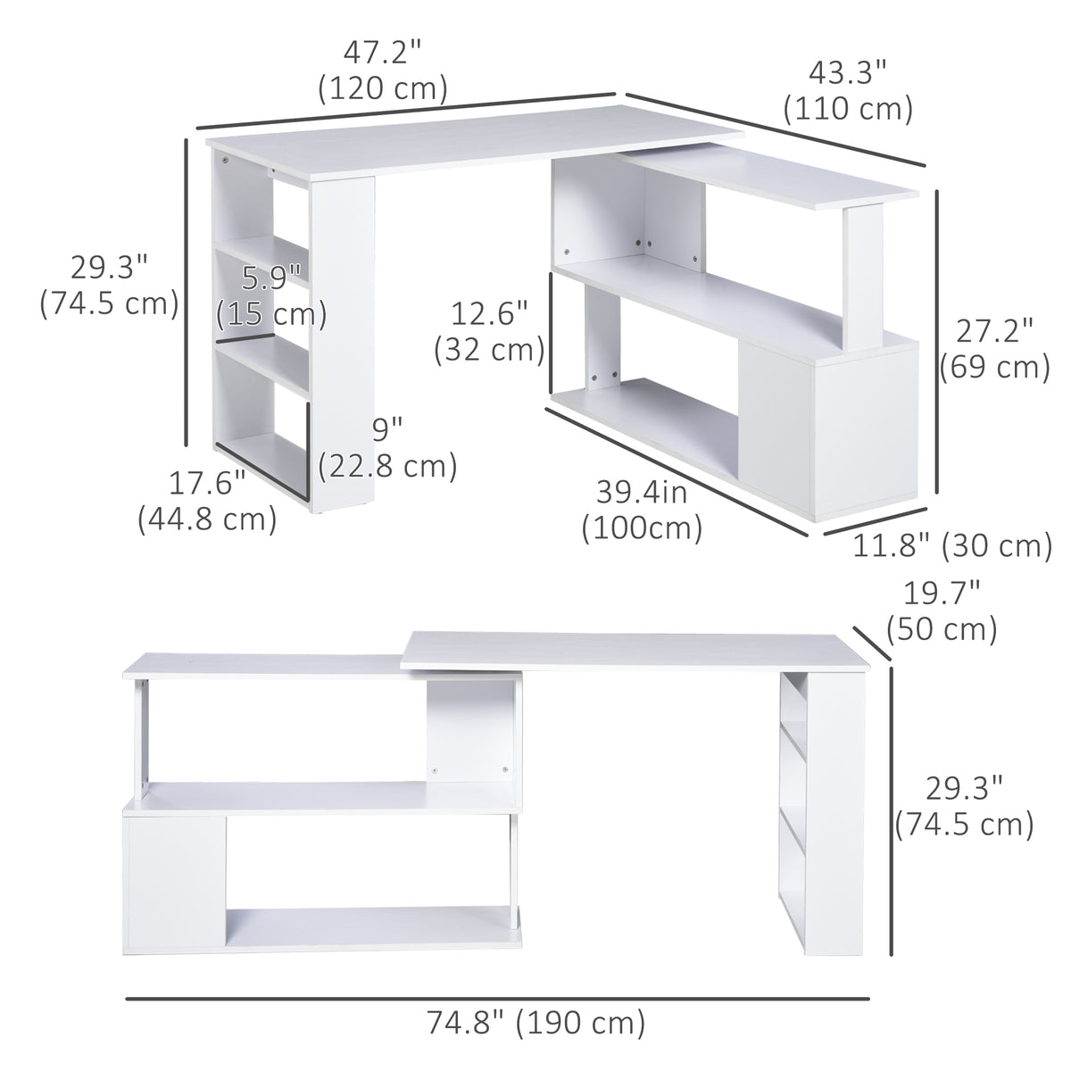 L-Shaped Desk 360° Rotating with Storage