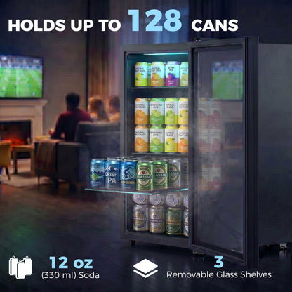 Beverage fridge with glass door and steel