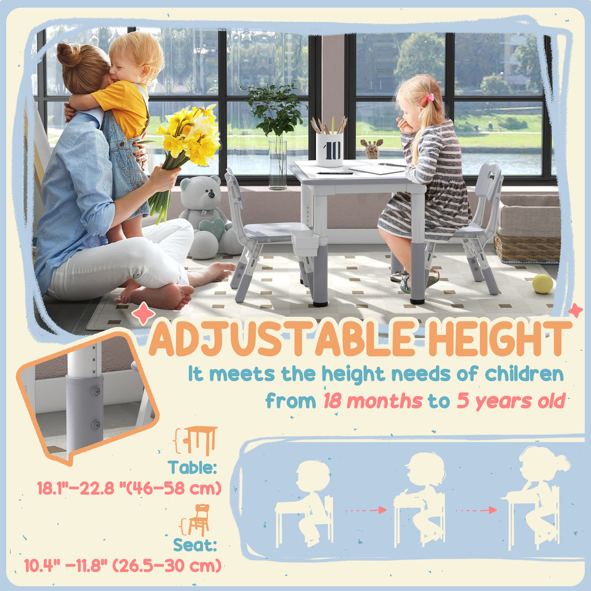 Kids Table and Chairs Set Adjustable — Set of 3