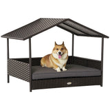 Elevated Rattan Dog House with Canopy Shelter