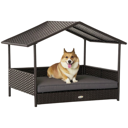 Elevated Rattan Dog House with Canopy Shelter