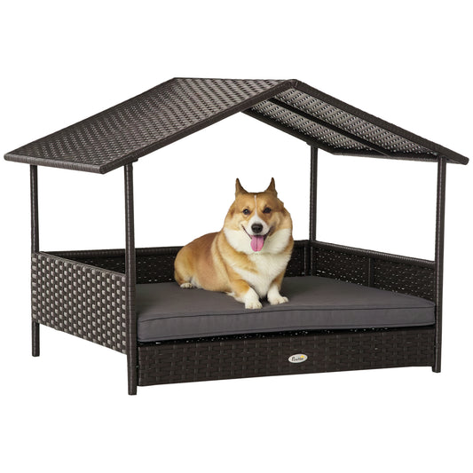 Elevated Rattan Dog House with Canopy Shelter