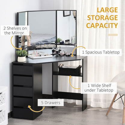 Corner makeup vanity table triple mirror with drawers