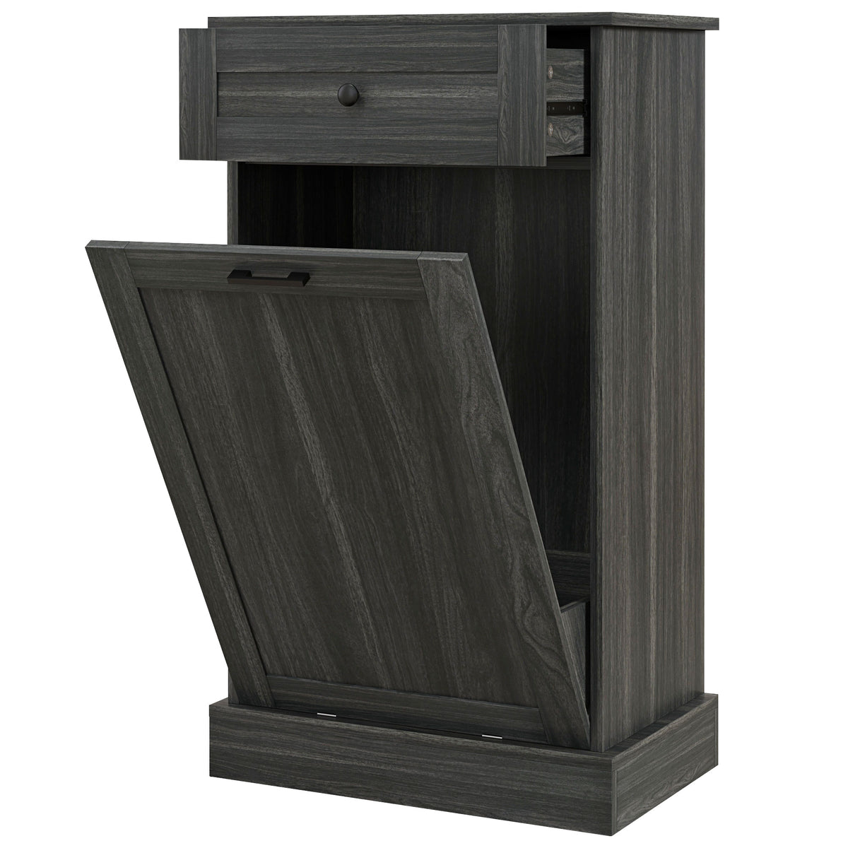 Tilt out trash bin cabinet with drawer