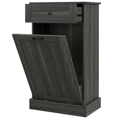 Tilt out trash bin cabinet with drawer