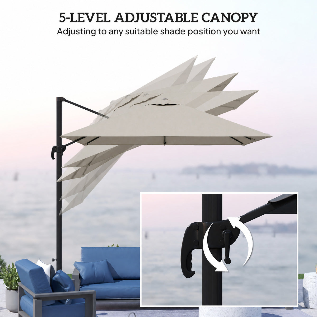 244 ਸੈਂਟੀਮੀਟਰ ਦਾ ਐਲੂਮੀਨੀਅਮ ਸਾਈਡ ਪੋਲ ਵਾਲਾ ਛਤਰੀ, 360° ਘੁੰਮਣਯੋਗ