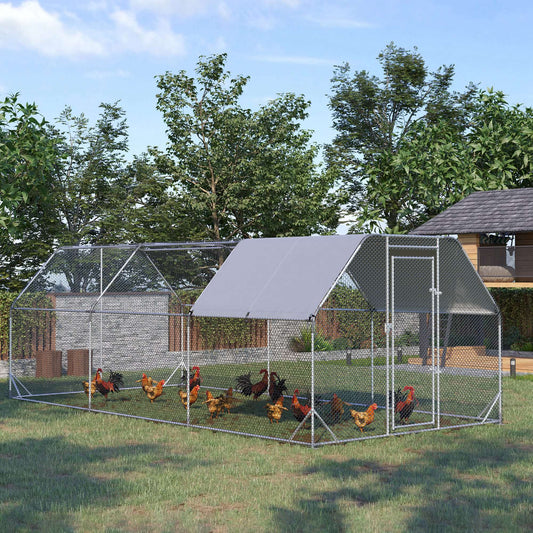 Large outdoor galvanized metal chicken coop with flat roof
