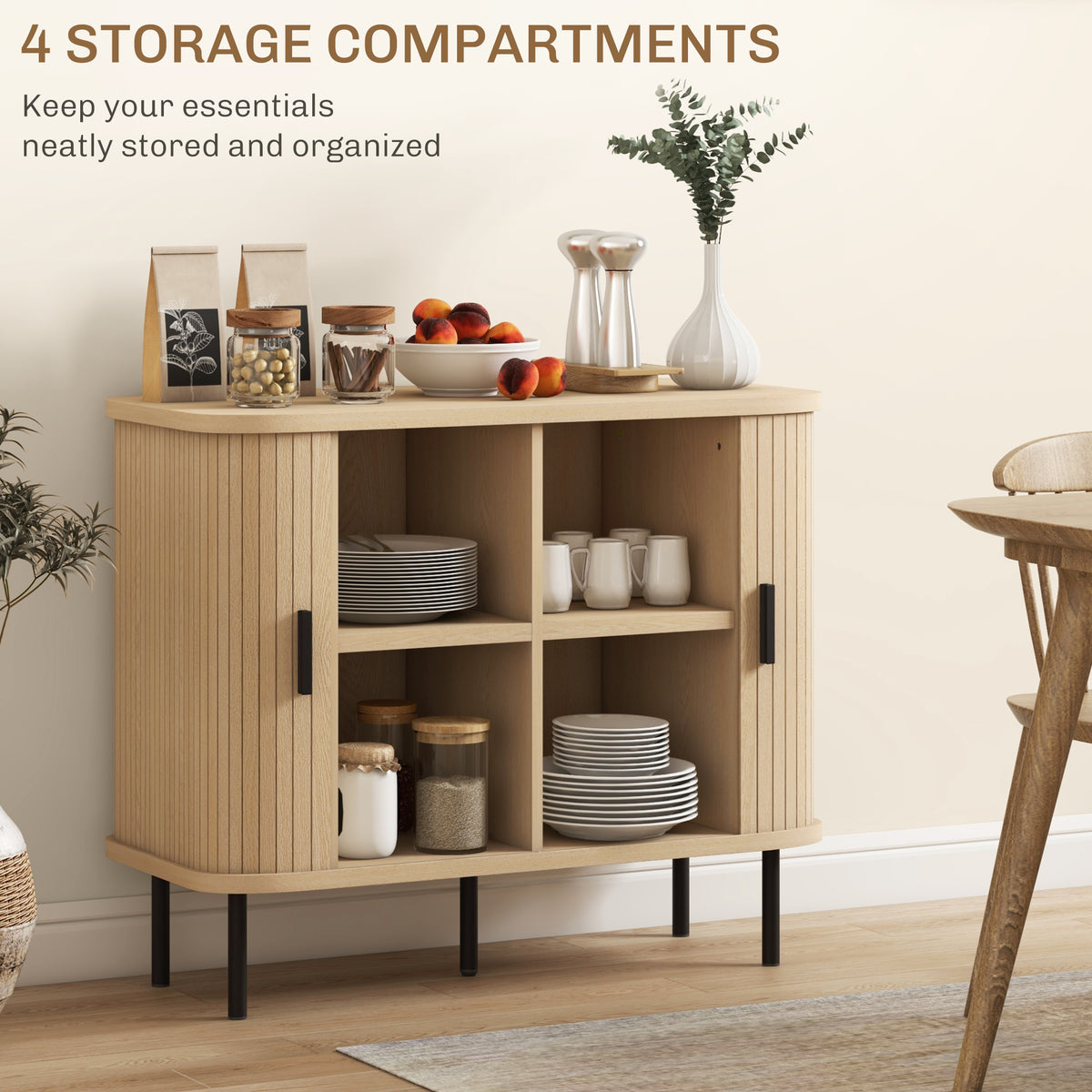 Nordic Sideboard Cabinet Slatted Tambour Doors Metal Legs