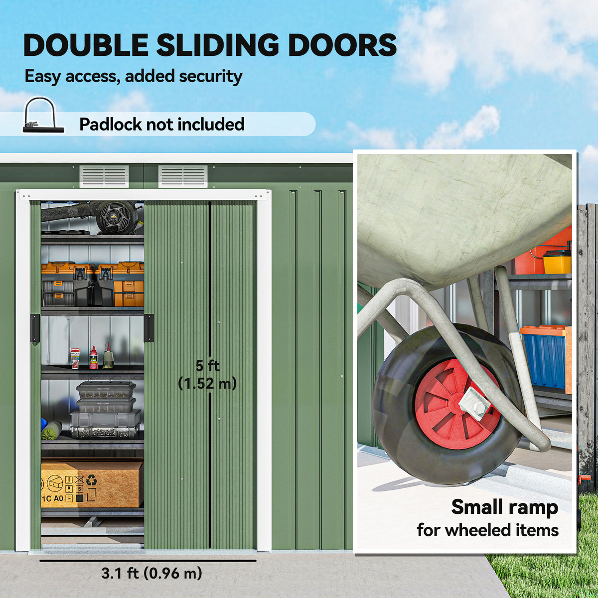 Galvanized Steel Garden Shed with Double Sliding Doors