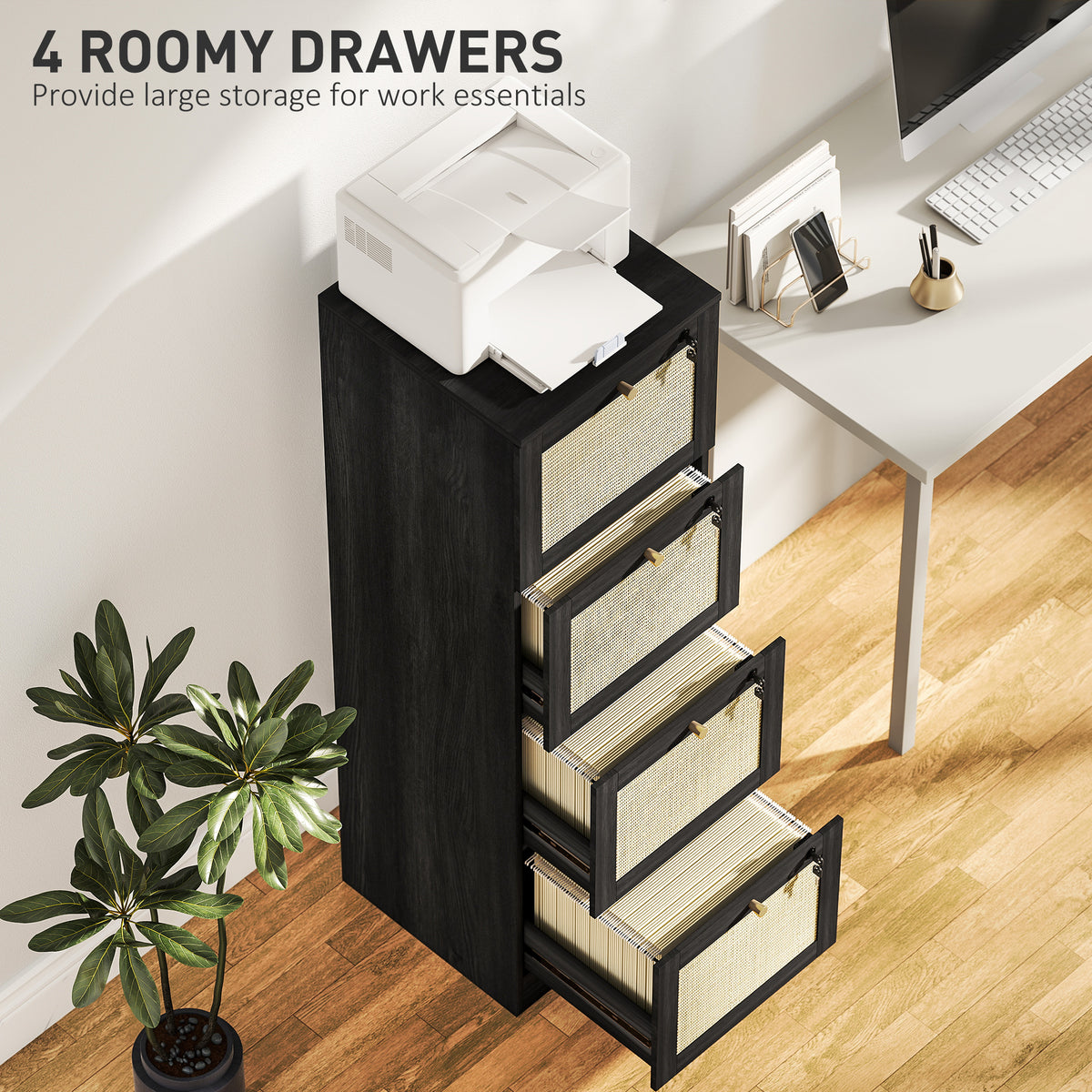 4-Drawer Locking Filing Cabinet Boho Rattan Style
