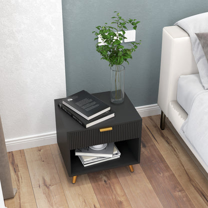 Nightstand Fluted Panel with Drawer and Open Shelf