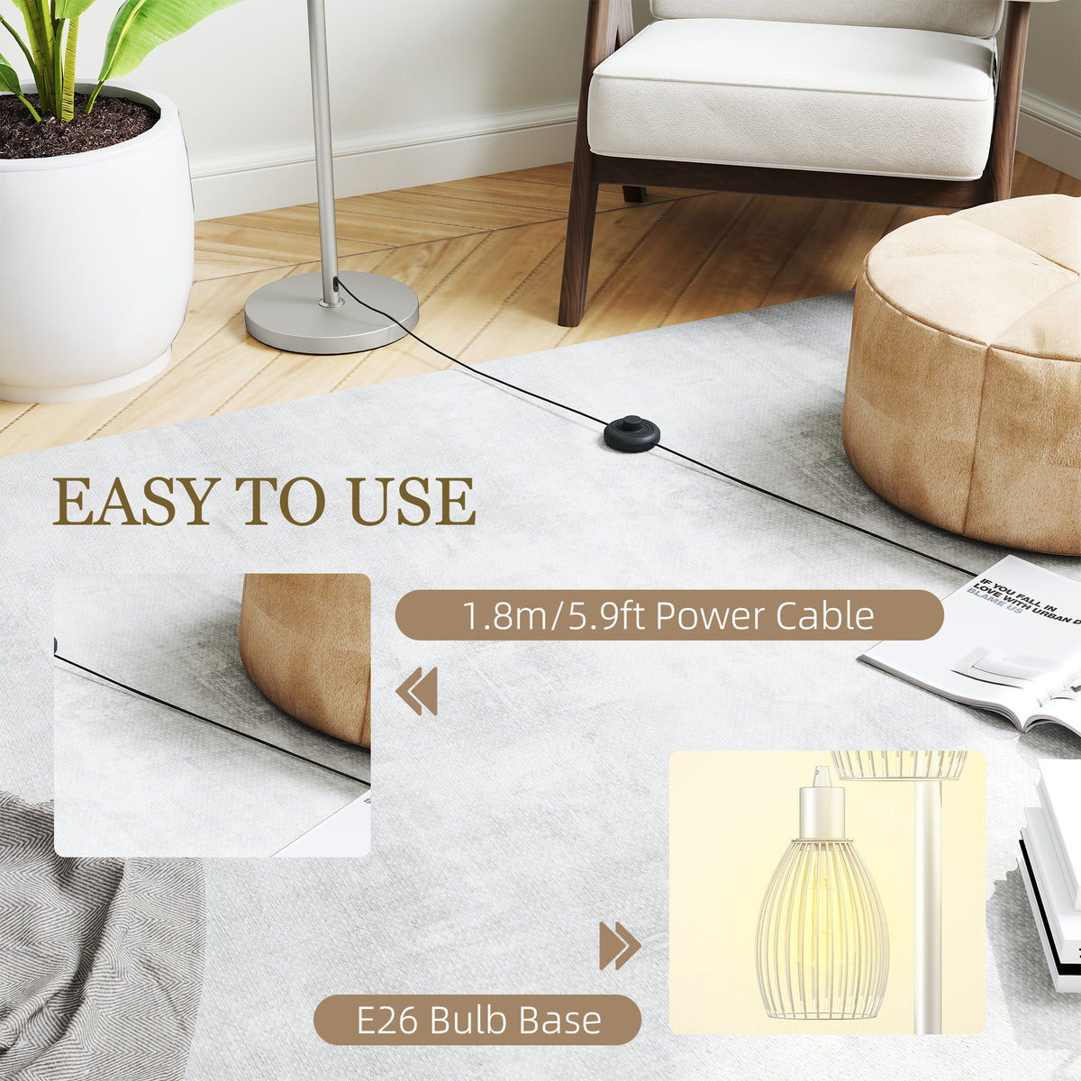 Industrial Floor Lamp 3 Hanging Cage Shades, Dimmable
