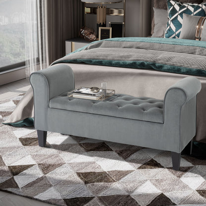 Button tufted storage bench with rolled arms