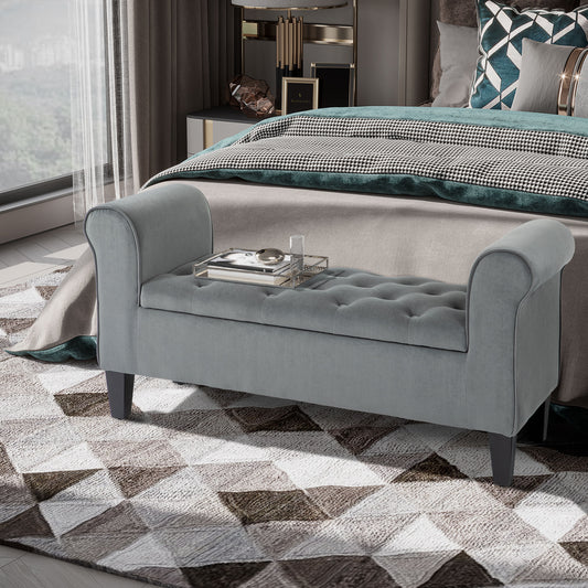 Button tufted storage bench with rolled arms