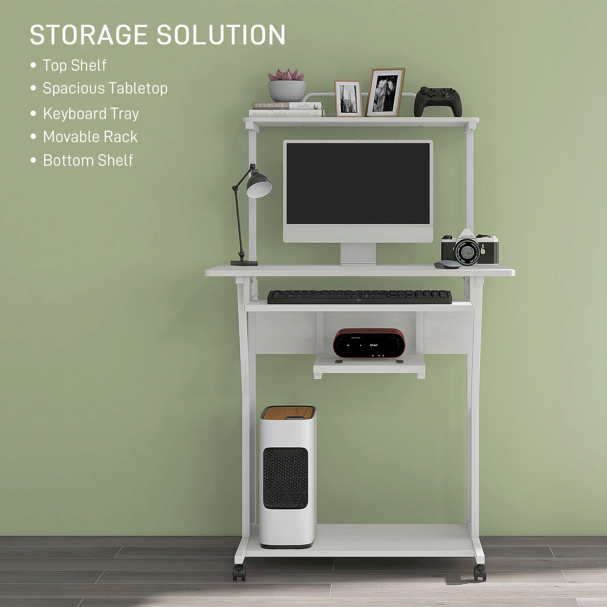 Mobile computer desk with shelves and rolling wheels