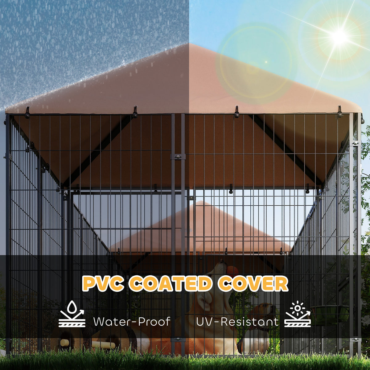 Corral exterior para perros con techo y tazones