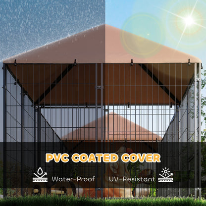 Corral exterior para perros con techo y tazones